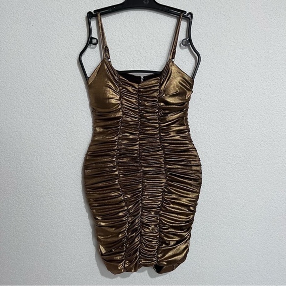 Metallic Gold Ruched Fitted Bodycon NWY Party Mini Prom Dress Small